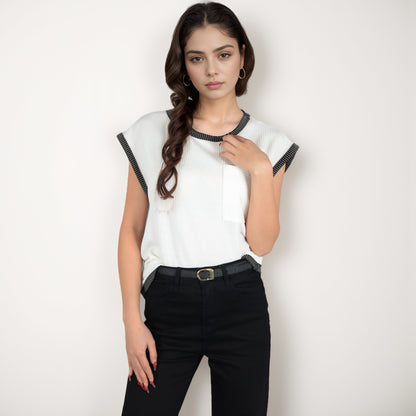 Anna-Kaci Women's Sleeveless Striped Knit Top with Contrast Trim and Chest Pocket Detail