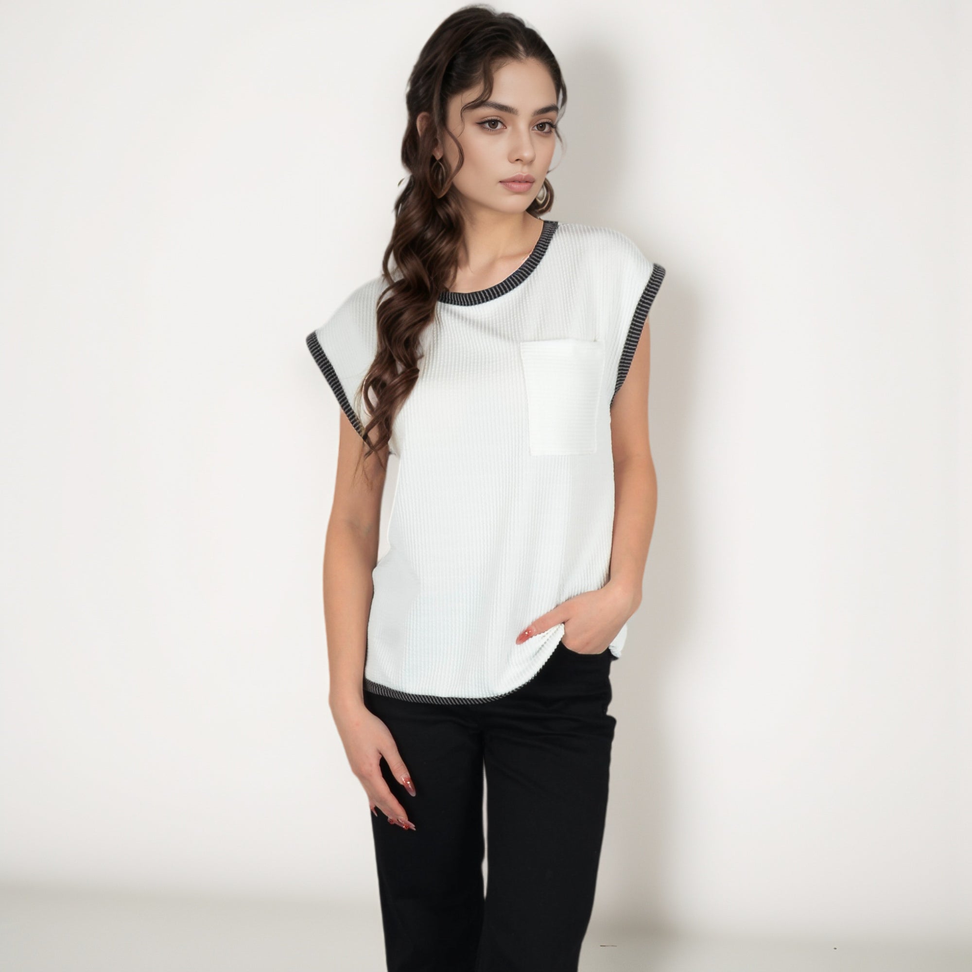 Anna-Kaci Women's Sleeveless Striped Knit Top with Contrast Trim and Chest Pocket Detail