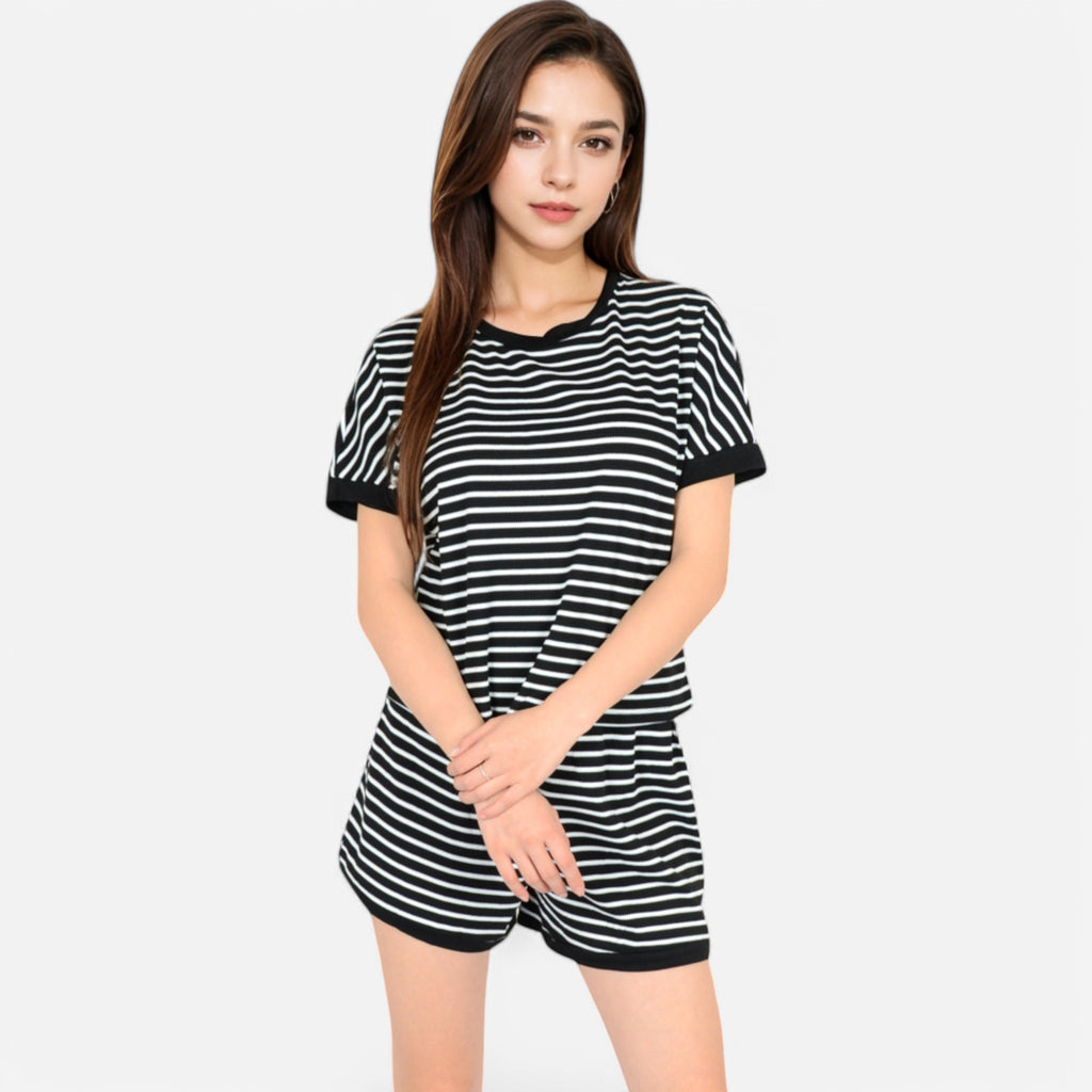 Anna-Kaci Lounge Women's Striped Lounge Set with Cuffed Short Sleeve Top and Elastic Waist Shorts