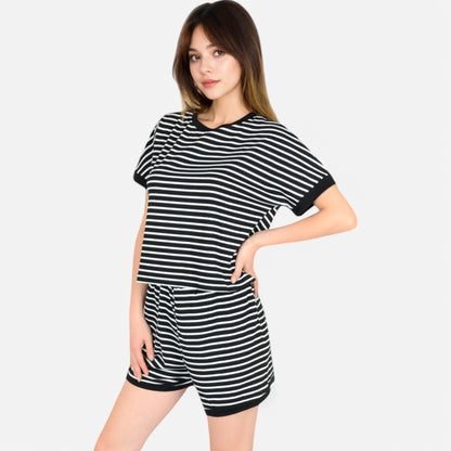 Anna-Kaci Lounge Women's Striped Lounge Set with Cuffed Short Sleeve Top and Elastic Waist Shorts