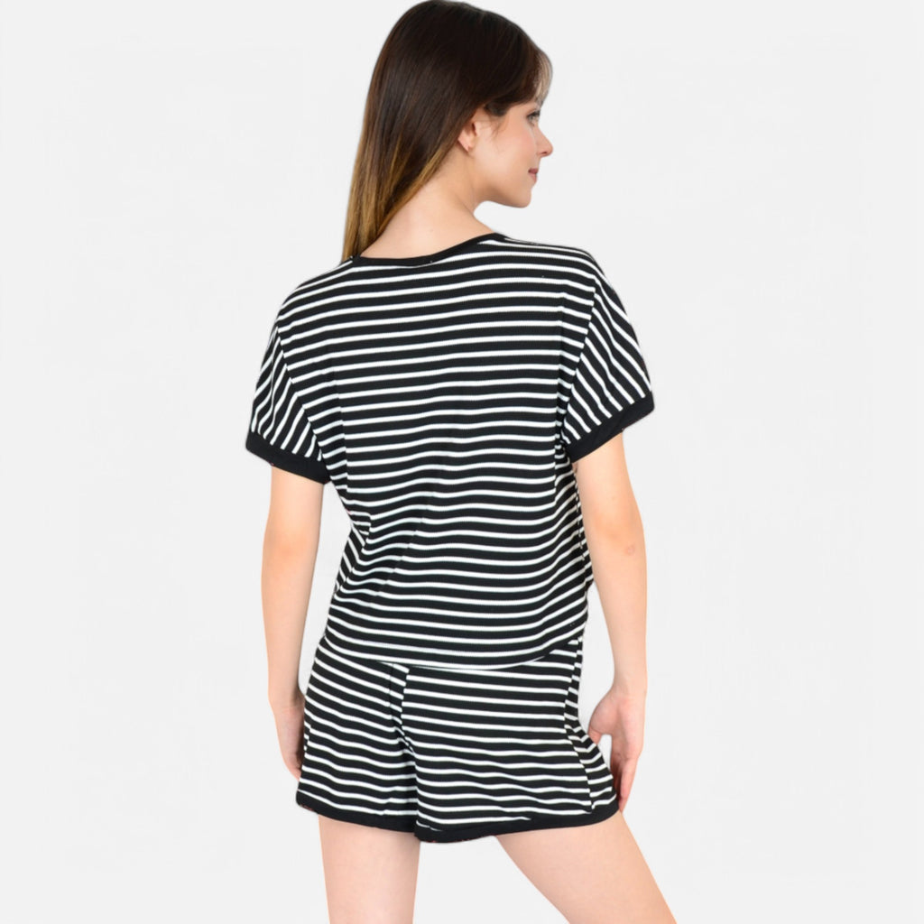 Anna-Kaci Lounge Women's Striped Lounge Set with Cuffed Short Sleeve Top and Elastic Waist Shorts