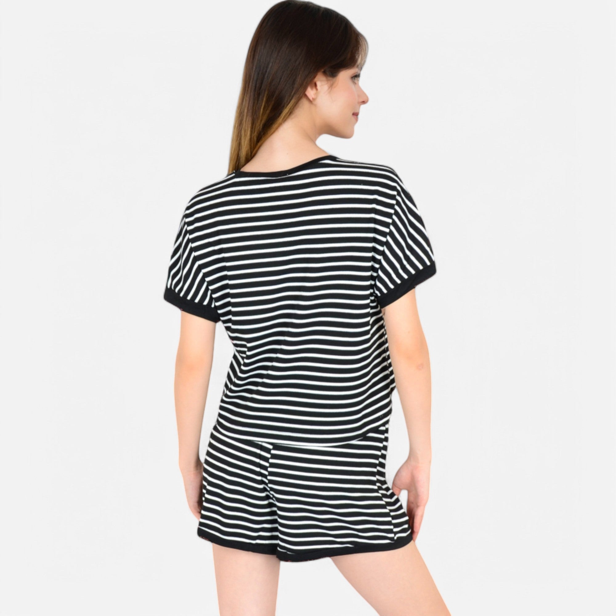 Anna-Kaci Lounge Women's Striped Lounge Set with Cuffed Short Sleeve Top and Elastic Waist Shorts