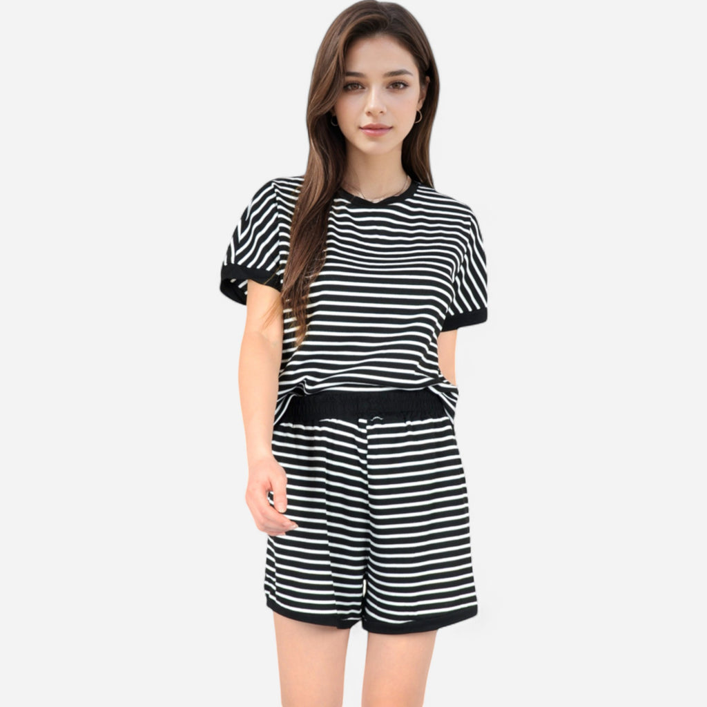 Anna-Kaci Lounge Women's Striped Lounge Set with Cuffed Short Sleeve Top and Elastic Waist Shorts