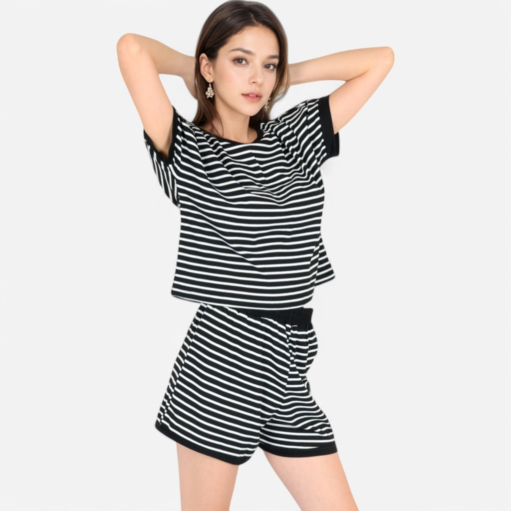 Anna-Kaci Lounge Women's Striped Lounge Set with Cuffed Short Sleeve Top and Elastic Waist Shorts