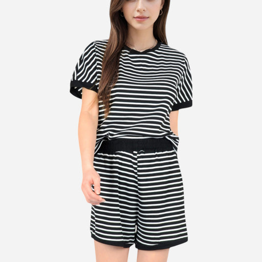 Anna-Kaci Lounge Women's Striped Lounge Set with Cuffed Short Sleeve Top and Elastic Waist Shorts