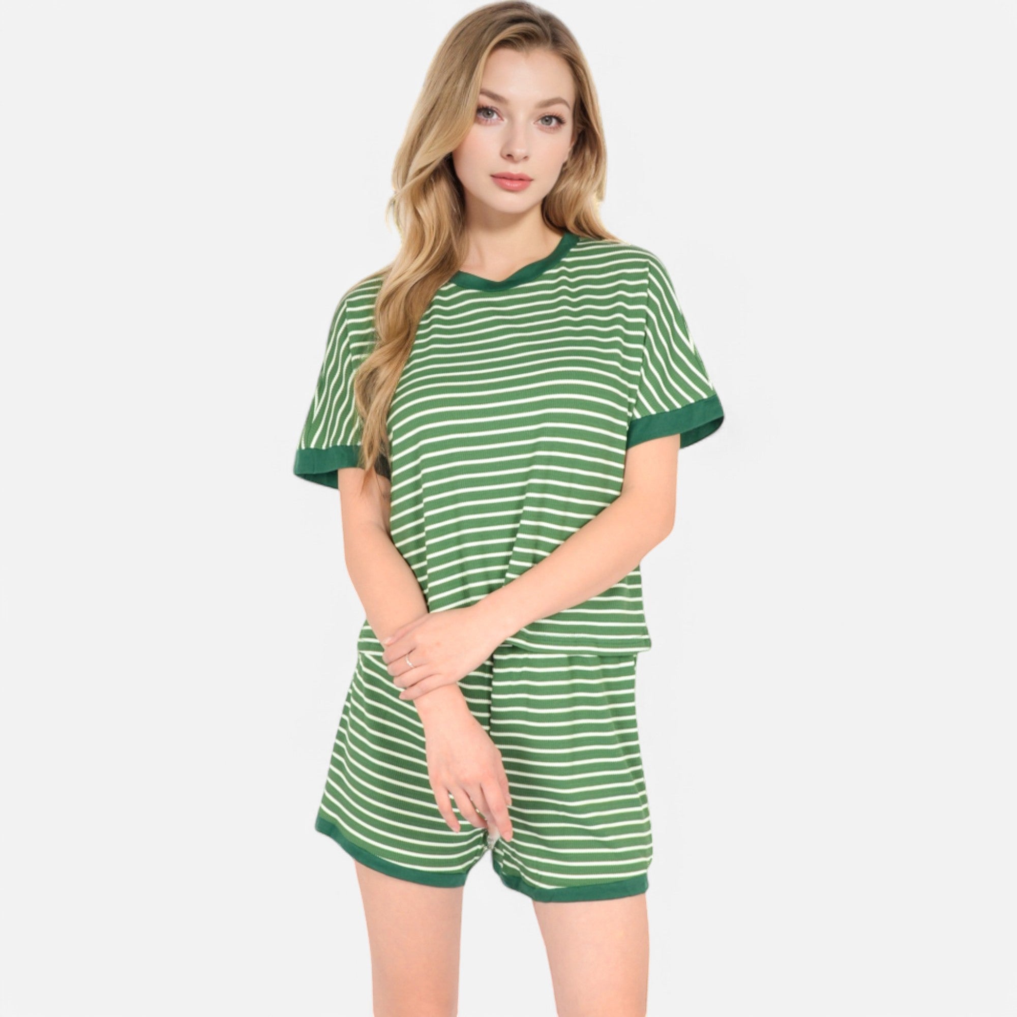 Anna-Kaci Lounge Women's Striped Lounge Set with Cuffed Short Sleeve Top and Elastic Waist Shorts
