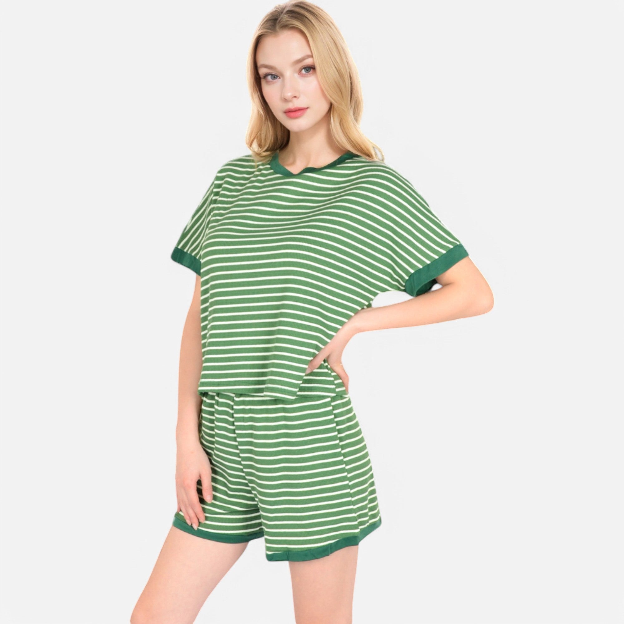 Anna-Kaci Lounge Women's Striped Lounge Set with Cuffed Short Sleeve Top and Elastic Waist Shorts