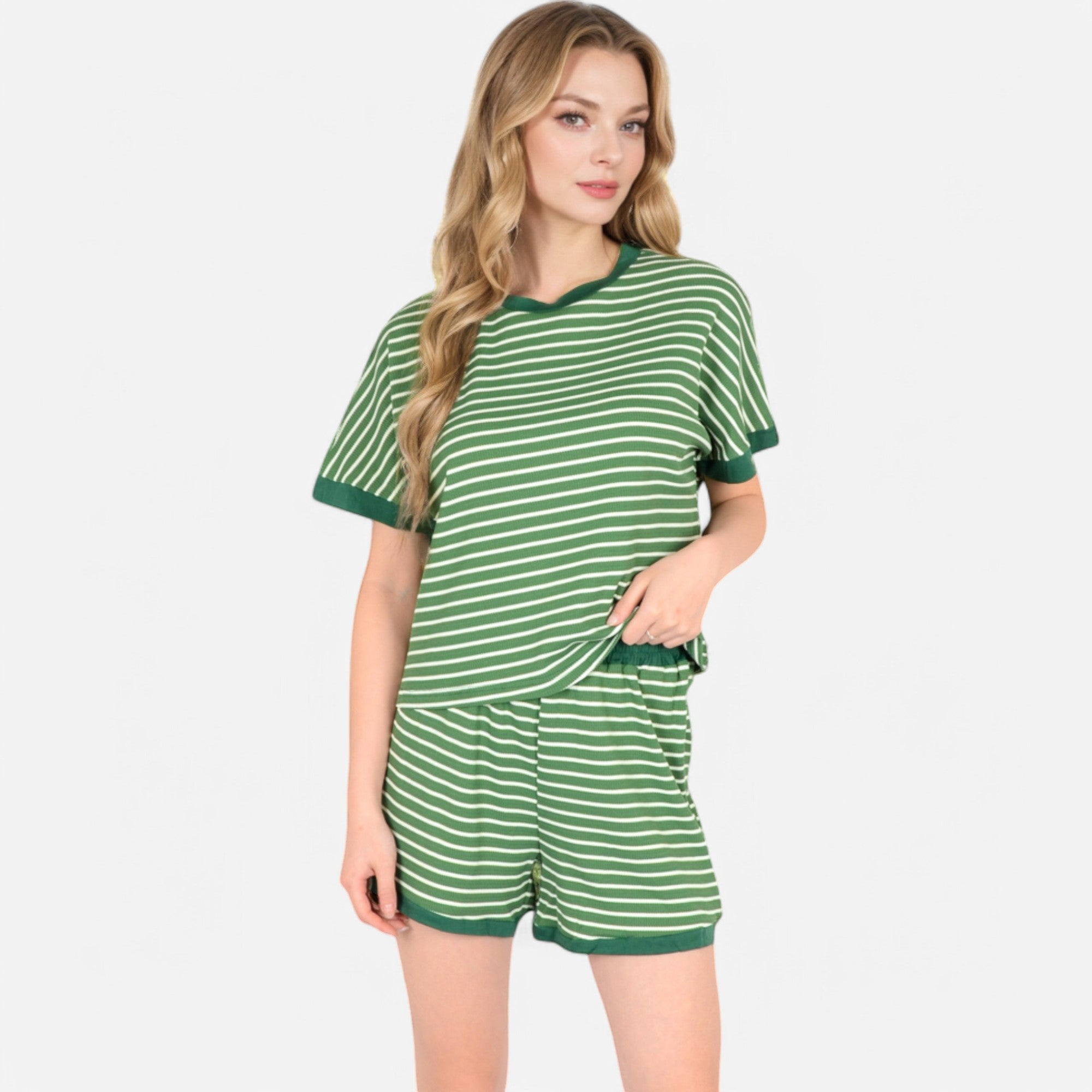 Anna-Kaci Lounge Women's Striped Lounge Set with Cuffed Short Sleeve Top and Elastic Waist Shorts