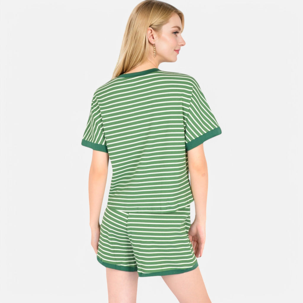 Anna-Kaci Lounge Women's Striped Lounge Set with Cuffed Short Sleeve Top and Elastic Waist Shorts
