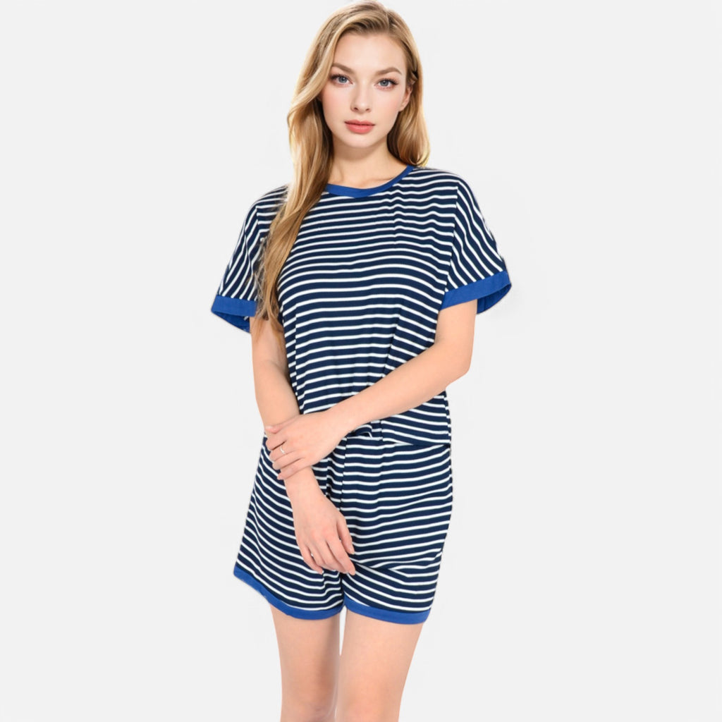 Anna-Kaci Lounge Women's Striped Lounge Set with Cuffed Short Sleeve Top and Elastic Waist Shorts