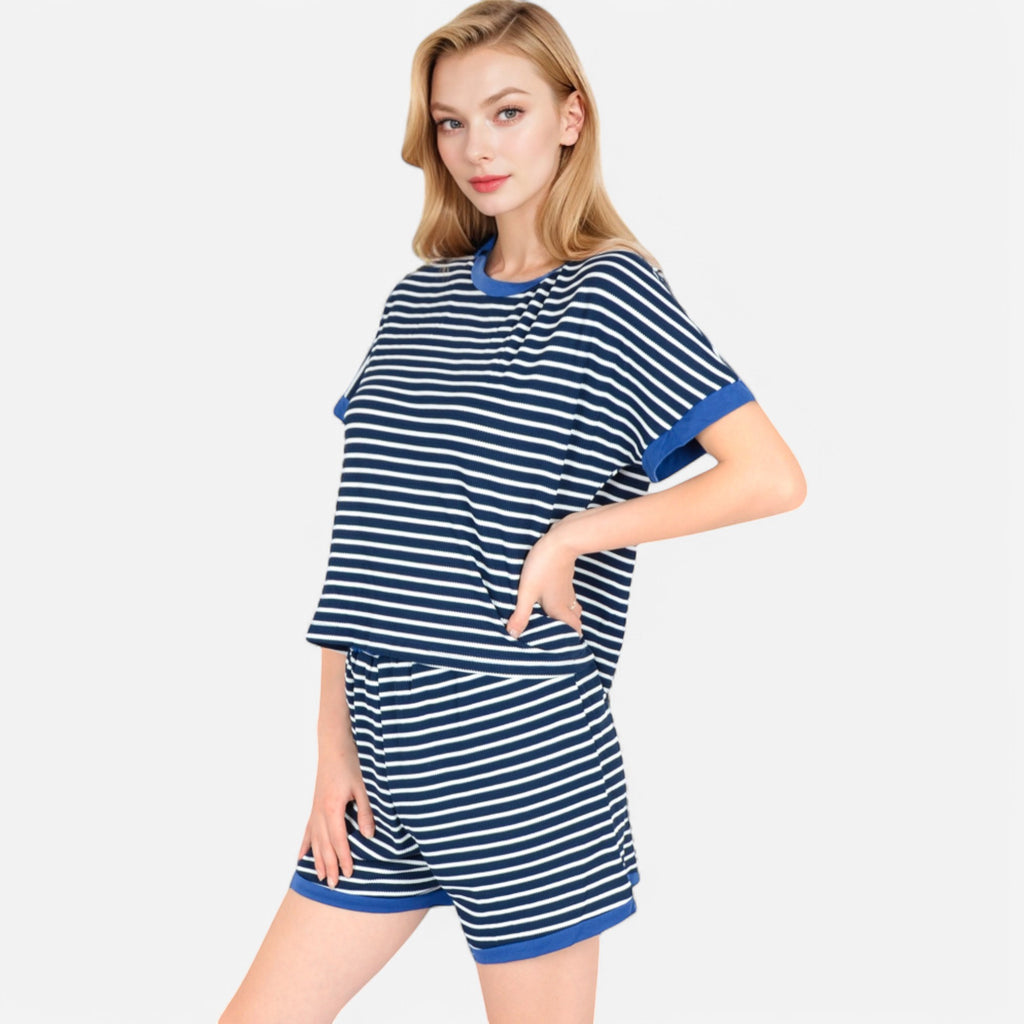 Anna-Kaci Lounge Women's Striped Lounge Set with Cuffed Short Sleeve Top and Elastic Waist Shorts