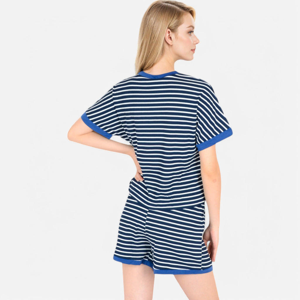 Anna-Kaci Lounge Women's Striped Lounge Set with Cuffed Short Sleeve Top and Elastic Waist Shorts