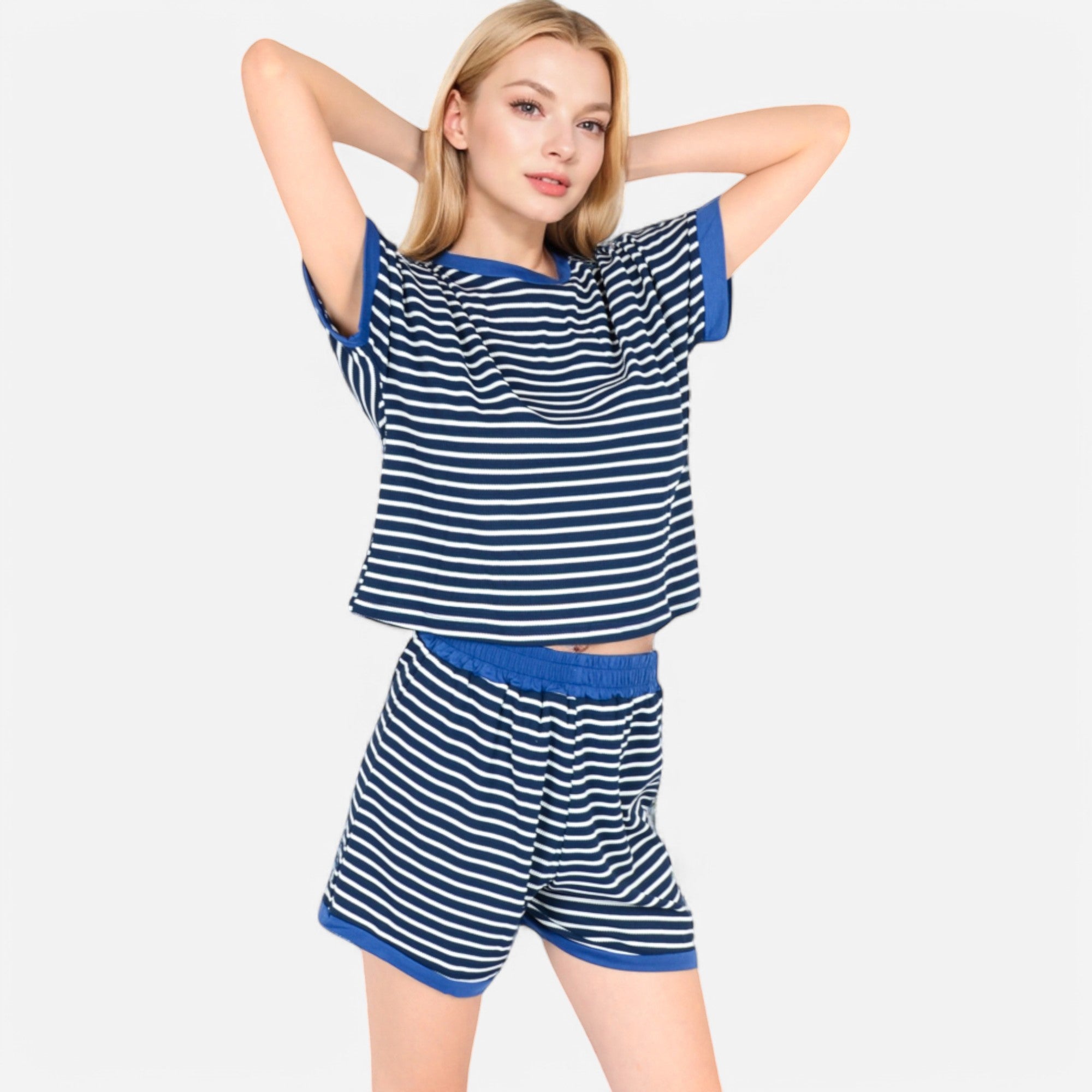 Anna-Kaci Lounge Women's Striped Lounge Set with Cuffed Short Sleeve Top and Elastic Waist Shorts