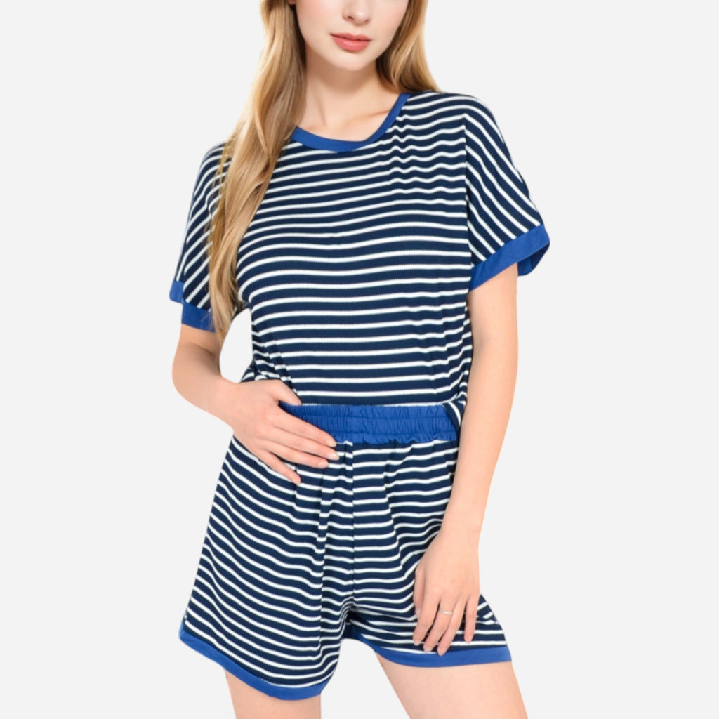 Anna-Kaci Lounge Women's Striped Lounge Set with Cuffed Short Sleeve Top and Elastic Waist Shorts