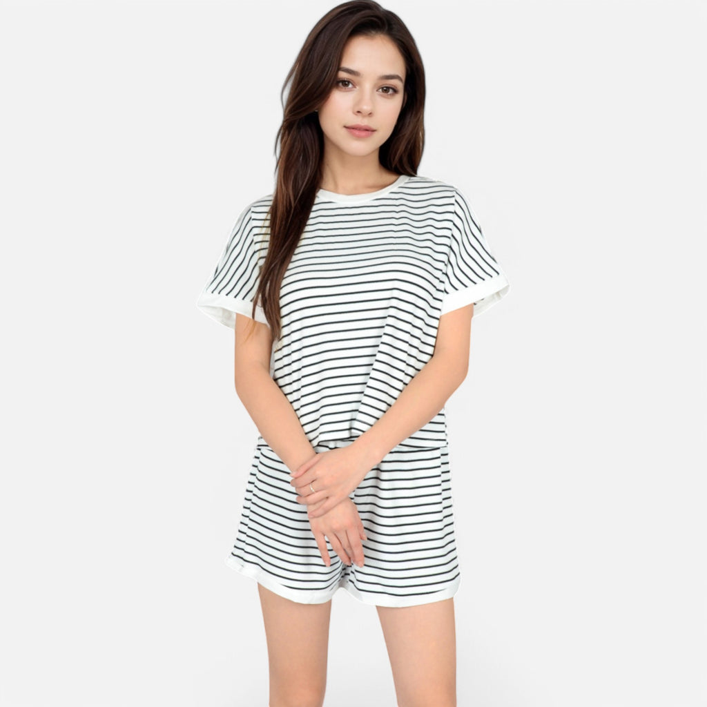 Anna-Kaci Lounge Women's Striped Lounge Set with Cuffed Short Sleeve Top and Elastic Waist Shorts