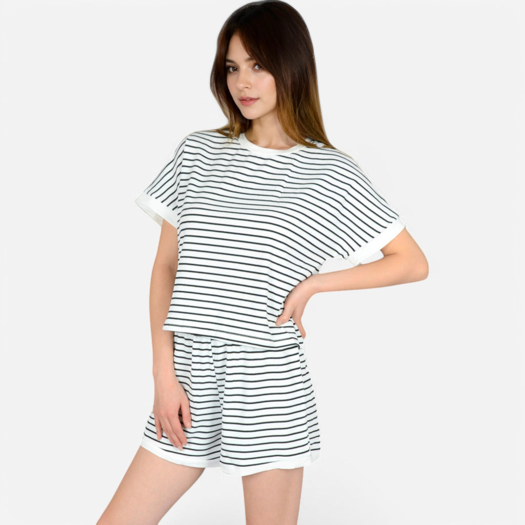 Anna-Kaci Lounge Women's Striped Lounge Set with Cuffed Short Sleeve Top and Elastic Waist Shorts