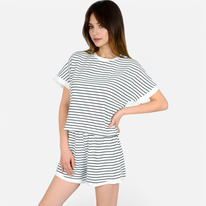 Anna-Kaci Lounge Women's Striped Lounge Set with Cuffed Short Sleeve Top and Elastic Waist Shorts