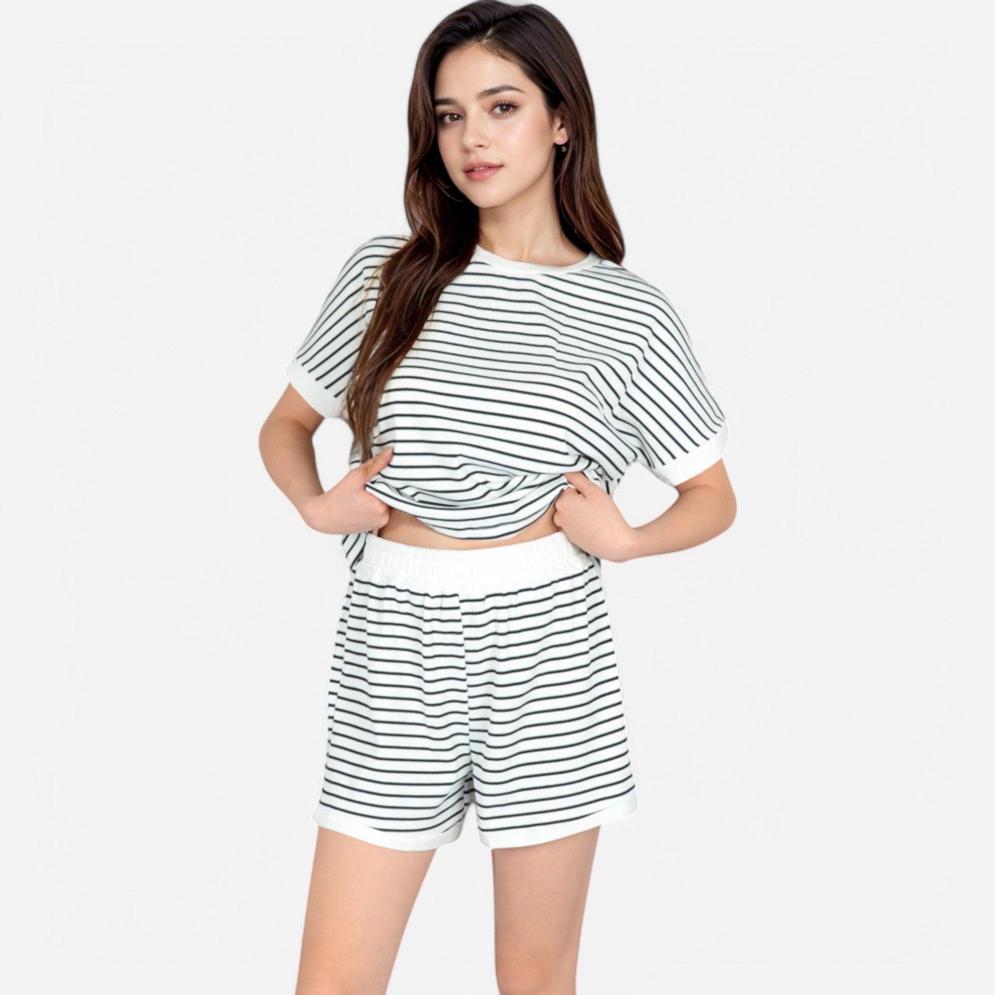 Anna-Kaci Lounge Women's Striped Lounge Set with Cuffed Short Sleeve Top and Elastic Waist Shorts
