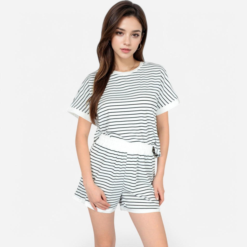 Anna-Kaci Lounge Women's Striped Lounge Set with Cuffed Short Sleeve Top and Elastic Waist Shorts