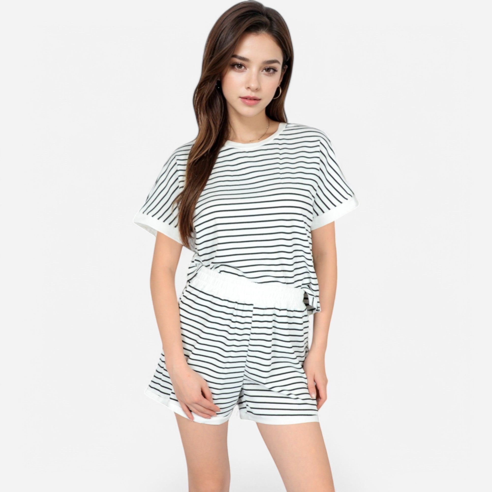 Anna-Kaci Lounge Women's Striped Lounge Set with Cuffed Short Sleeve Top and Elastic Waist Shorts