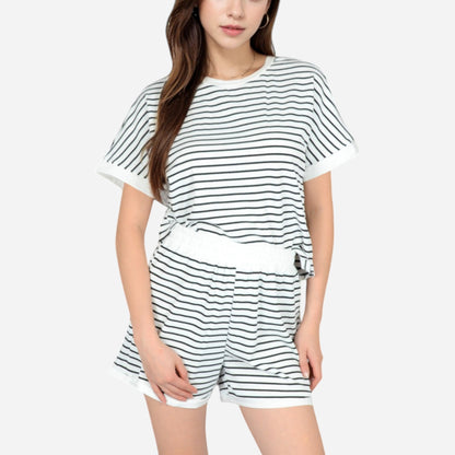 Anna-Kaci Lounge Women's Striped Lounge Set with Cuffed Short Sleeve Top and Elastic Waist Shorts