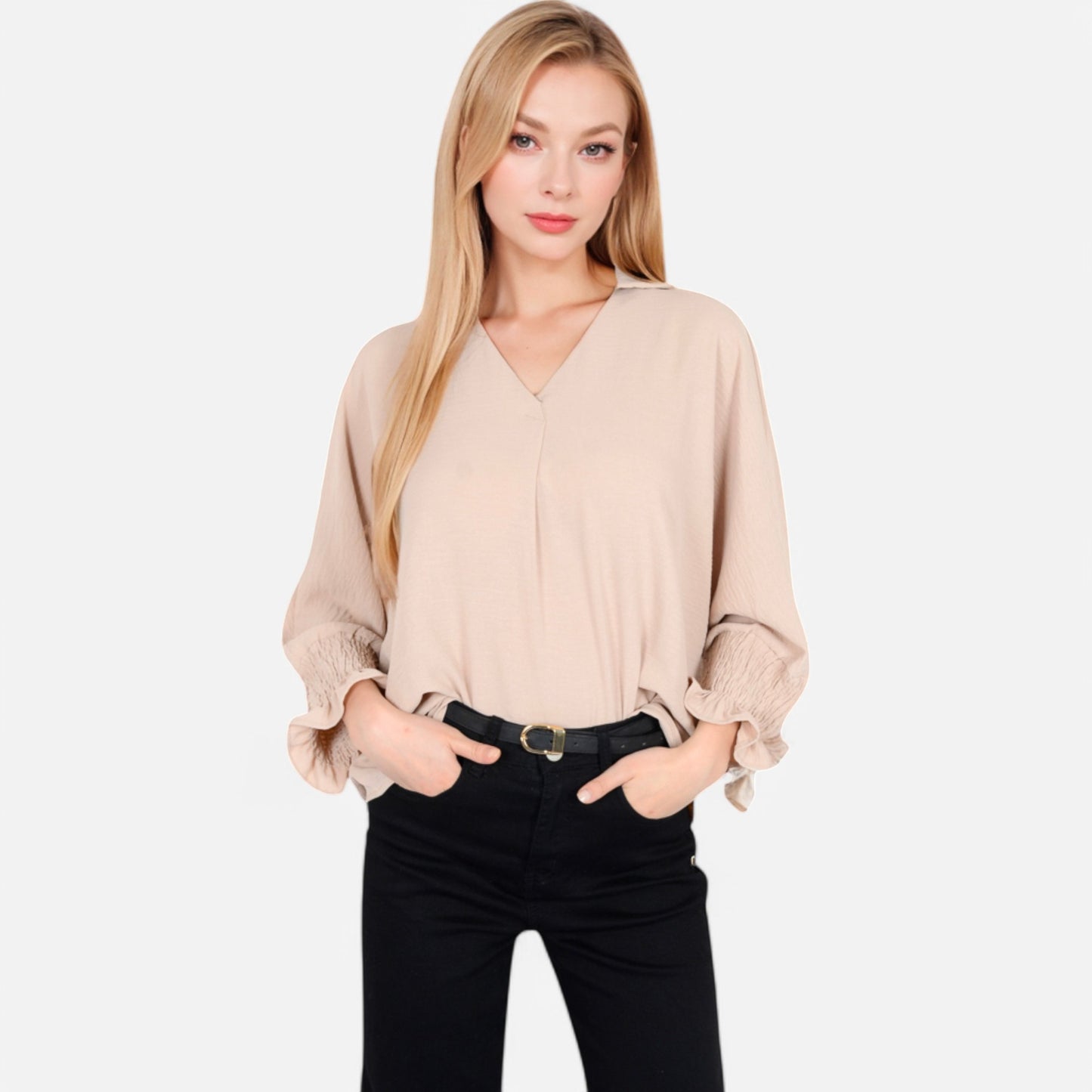 Anna-Kaci Women's V-Neck Blouse with 3/4 Lantern Sleeves and Ruffle Cuffs