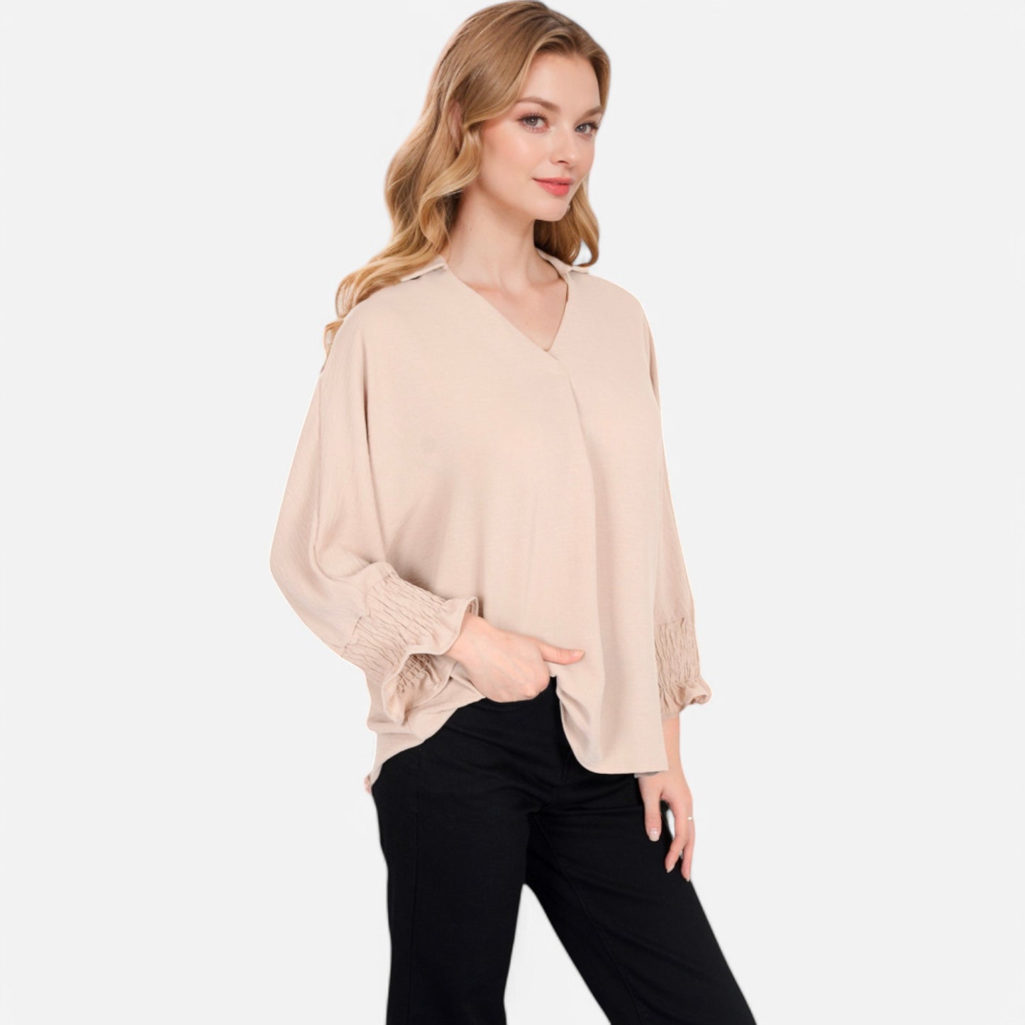 Anna-Kaci Women's V-Neck Blouse with 3/4 Lantern Sleeves and Ruffle Cuffs