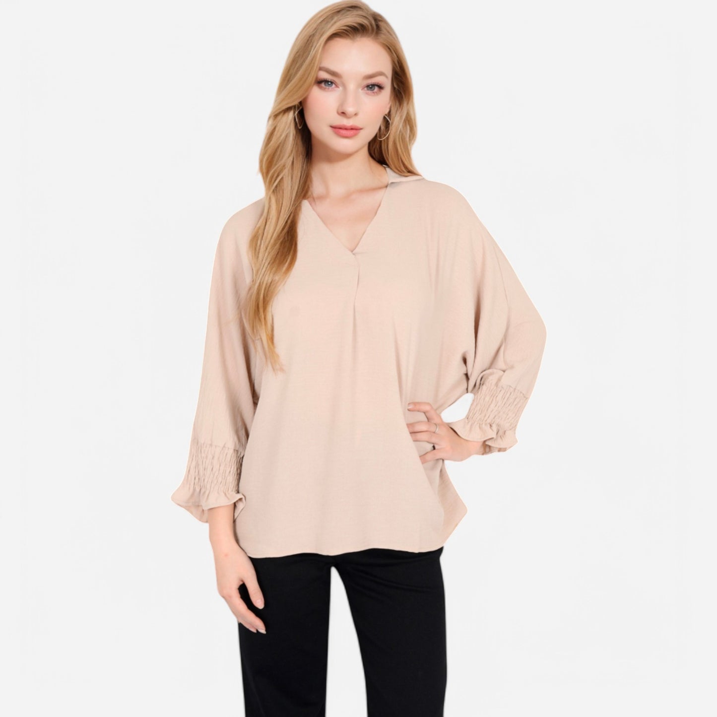 Anna-Kaci Women's V-Neck Blouse with 3/4 Lantern Sleeves and Ruffle Cuffs