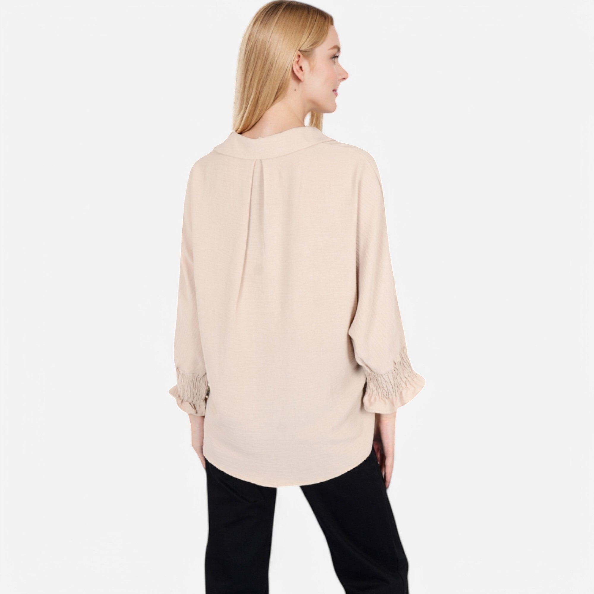 Anna-Kaci Women's V-Neck Blouse with 3/4 Lantern Sleeves and Ruffle Cuffs