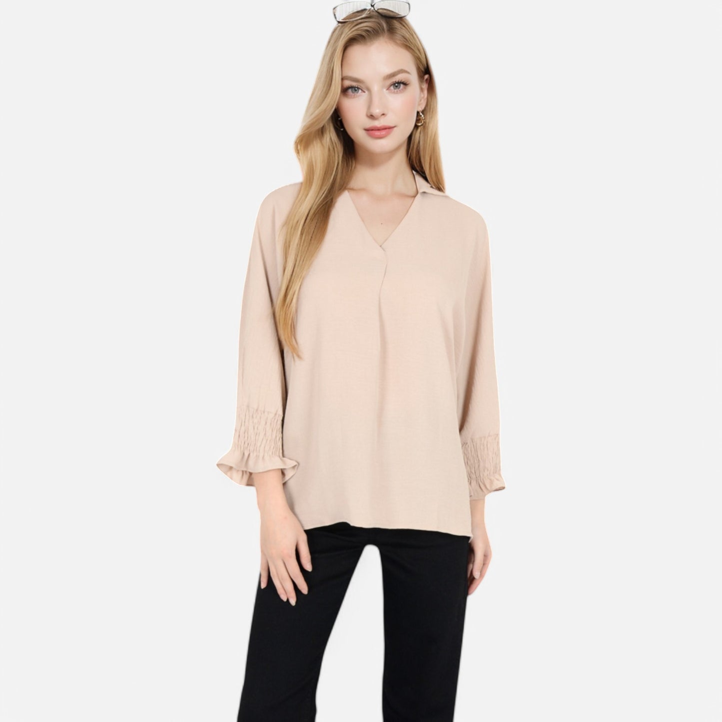 Anna-Kaci Women's V-Neck Blouse with 3/4 Lantern Sleeves and Ruffle Cuffs