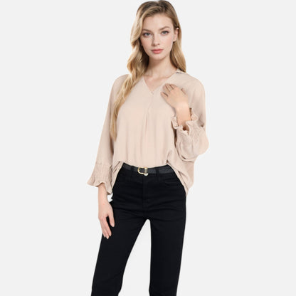 Anna-Kaci Women's V-Neck Blouse with 3/4 Lantern Sleeves and Ruffle Cuffs