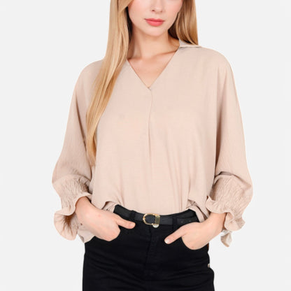 Anna-Kaci Women's V-Neck Blouse with 3/4 Lantern Sleeves and Ruffle Cuffs