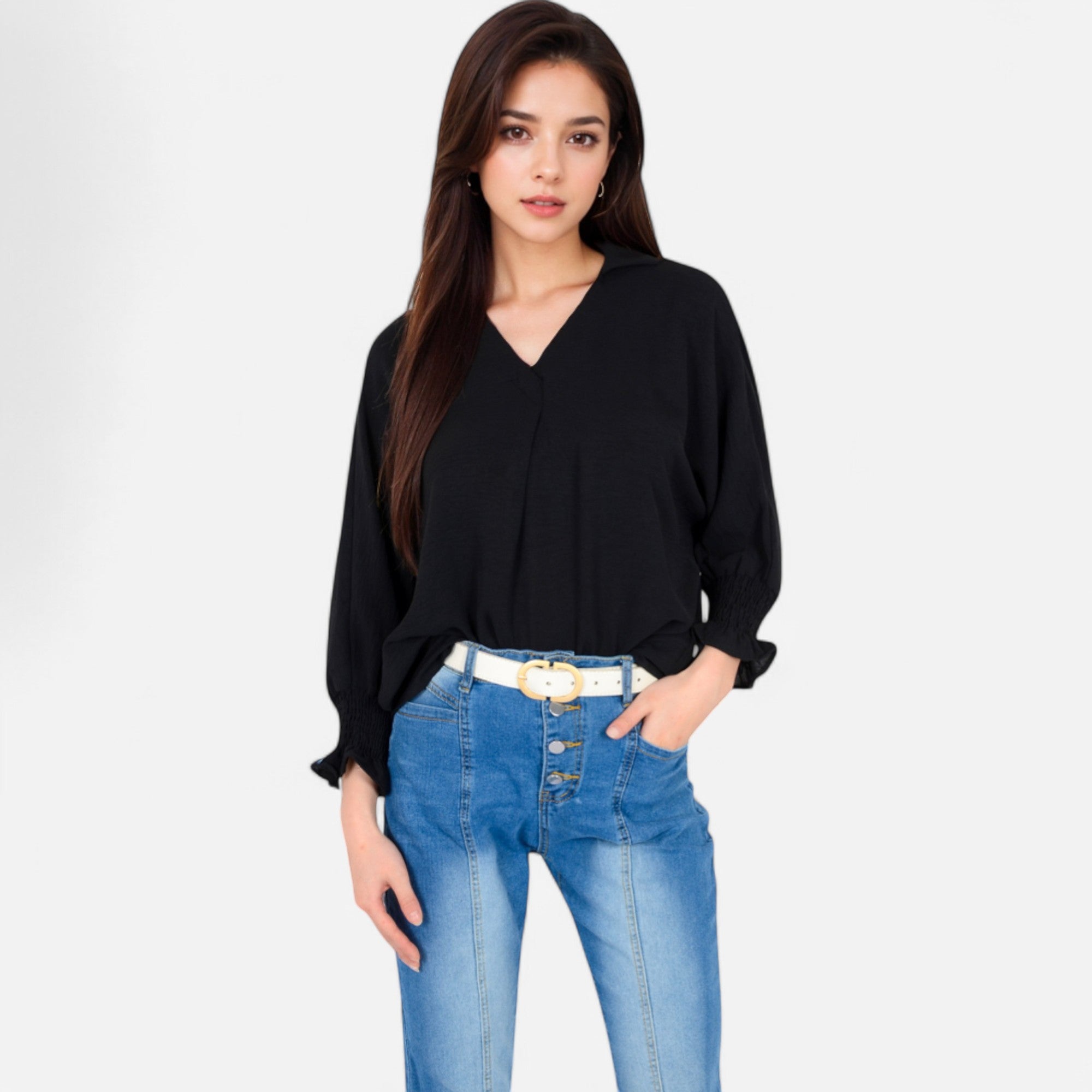 Anna-Kaci Women's V-Neck Blouse with 3/4 Lantern Sleeves and Ruffle Cuffs