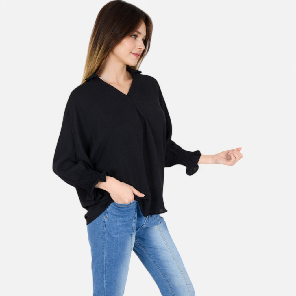 Anna-Kaci Women's V-Neck Blouse with 3/4 Lantern Sleeves and Ruffle Cuffs