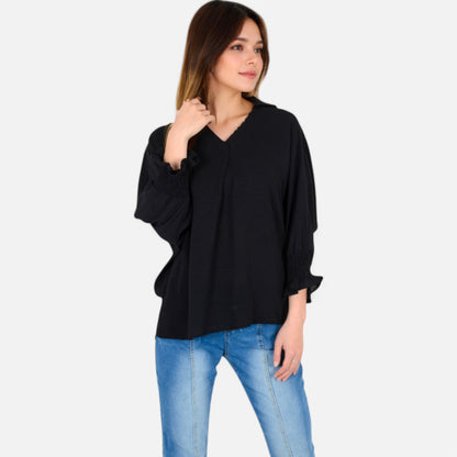 Anna-Kaci Women's V-Neck Blouse with 3/4 Lantern Sleeves and Ruffle Cuffs