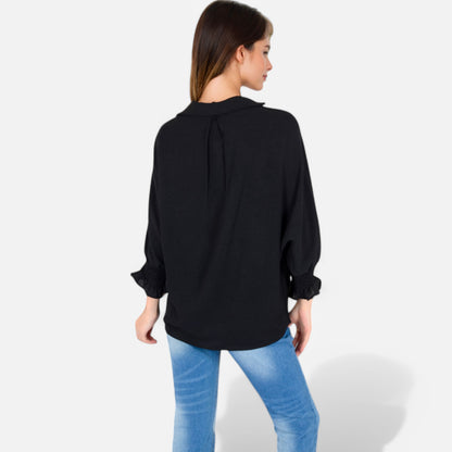 Anna-Kaci Women's V-Neck Blouse with 3/4 Lantern Sleeves and Ruffle Cuffs