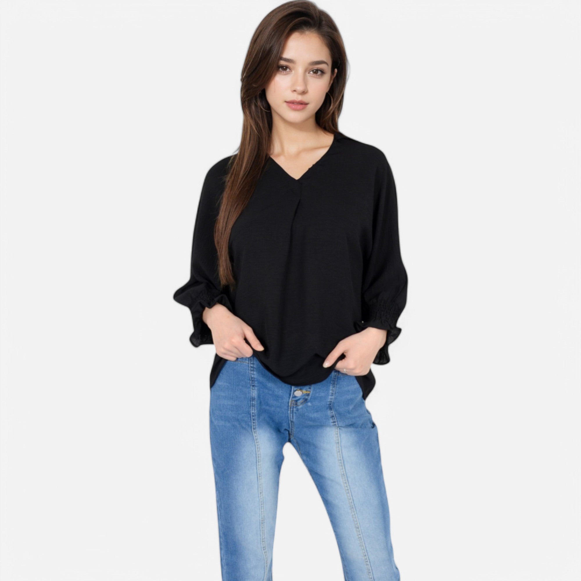 Anna-Kaci Women's V-Neck Blouse with 3/4 Lantern Sleeves and Ruffle Cuffs
