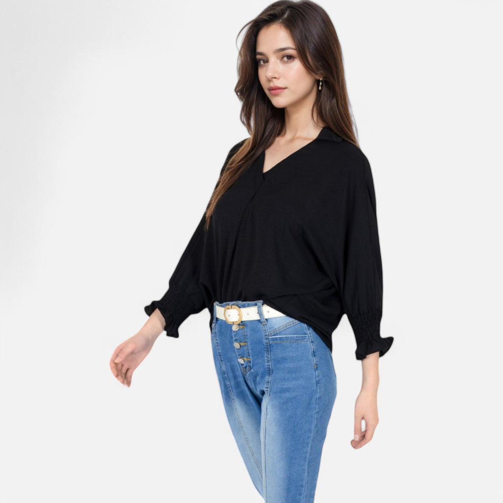 Anna-Kaci Women's V-Neck Blouse with 3/4 Lantern Sleeves and Ruffle Cuffs