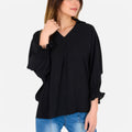 Anna-Kaci Women's V-Neck Blouse with 3/4 Lantern Sleeves and Ruffle Cuffs