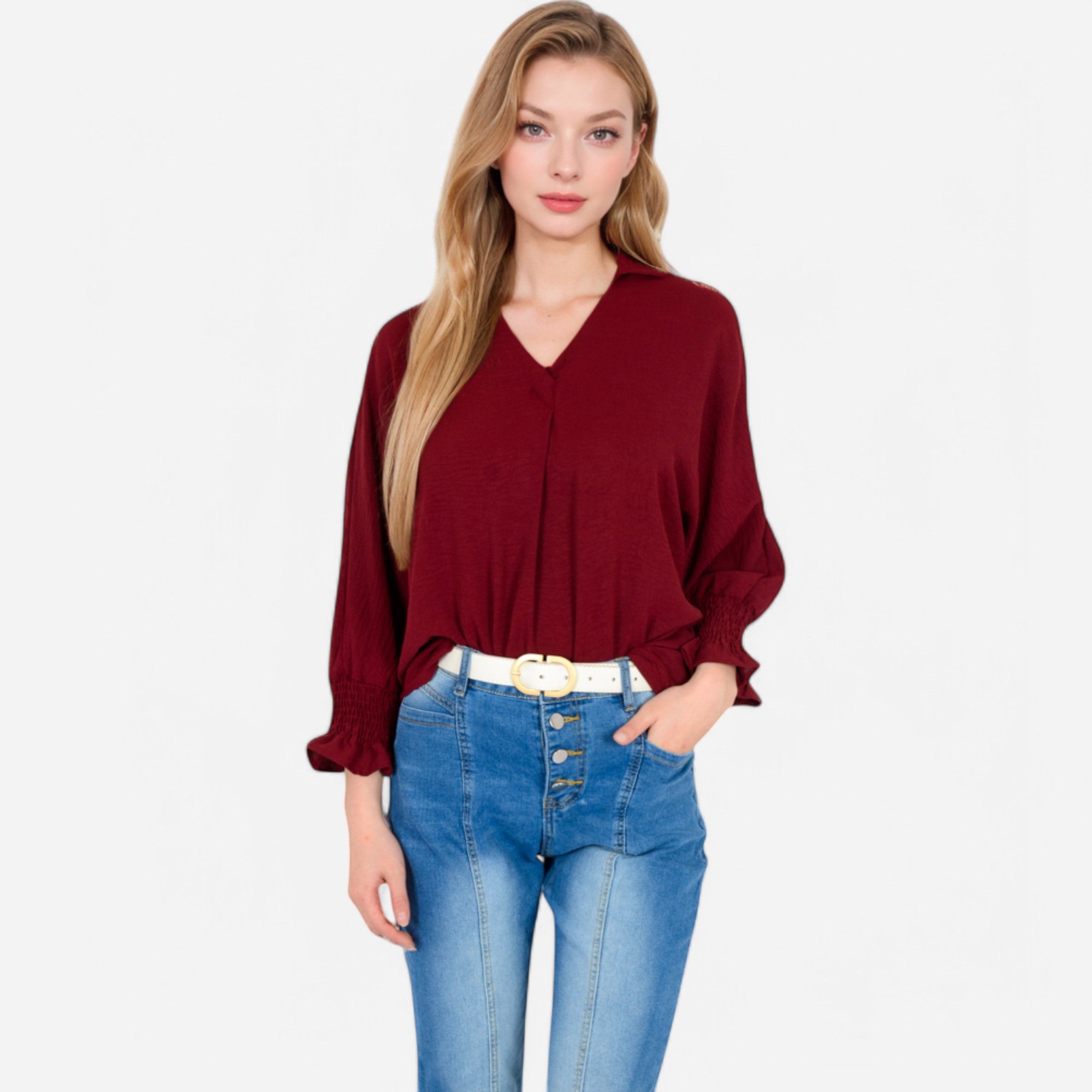 Anna-Kaci Women's V-Neck Blouse with 3/4 Lantern Sleeves and Ruffle Cuffs