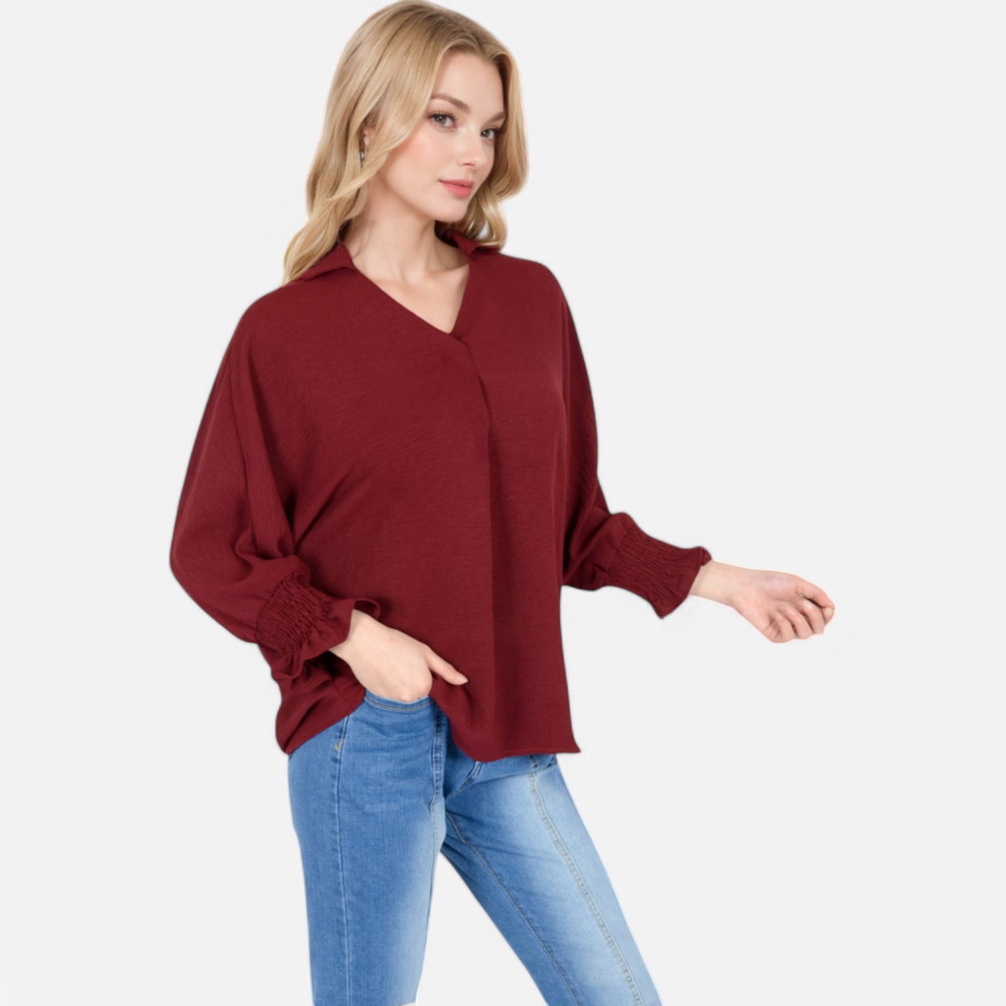 Anna-Kaci Women's V-Neck Blouse with 3/4 Lantern Sleeves and Ruffle Cuffs
