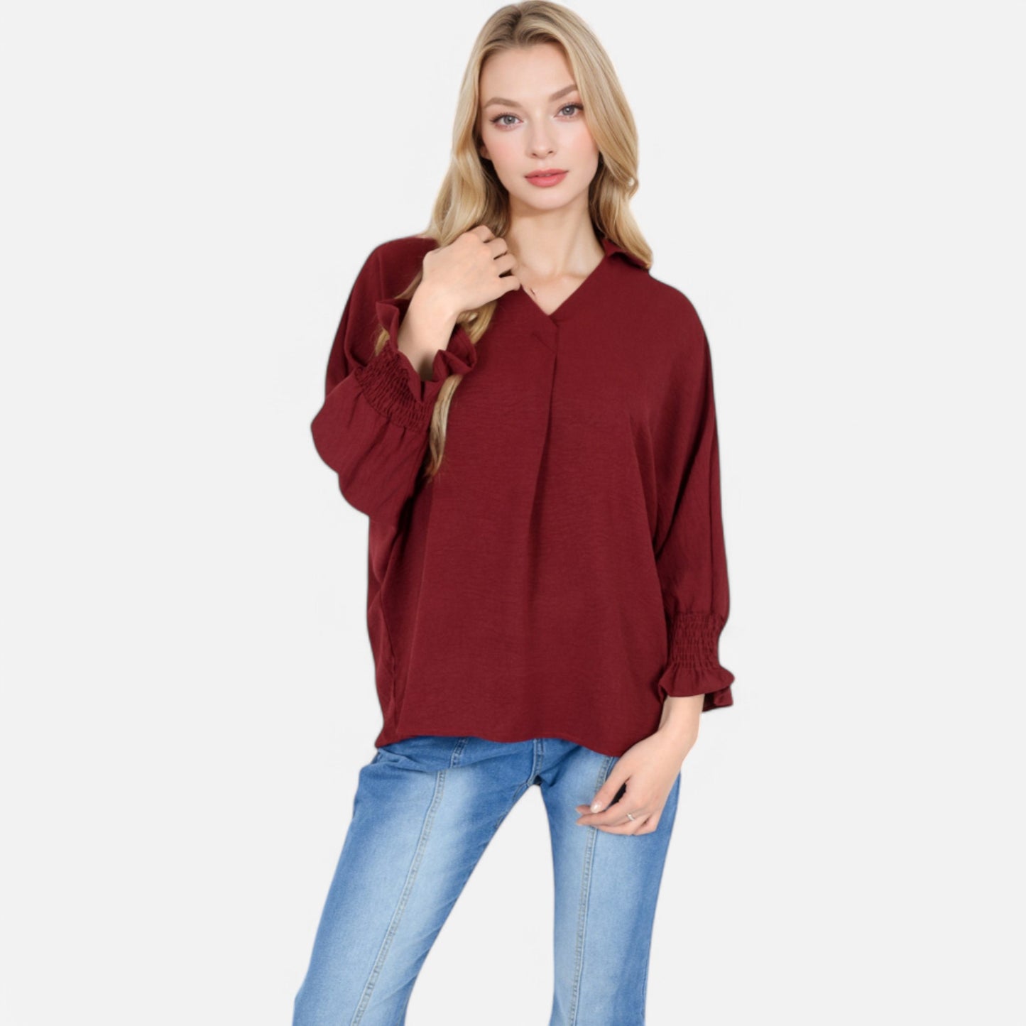 Anna-Kaci Women's V-Neck Blouse with 3/4 Lantern Sleeves and Ruffle Cuffs