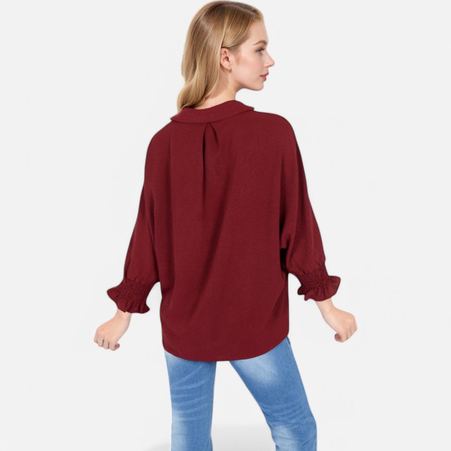 Anna-Kaci Women's V-Neck Blouse with 3/4 Lantern Sleeves and Ruffle Cuffs