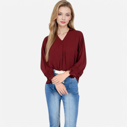Anna-Kaci Women's V-Neck Blouse with 3/4 Lantern Sleeves and Ruffle Cuffs