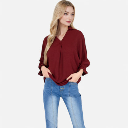 Anna-Kaci Women's V-Neck Blouse with 3/4 Lantern Sleeves and Ruffle Cuffs