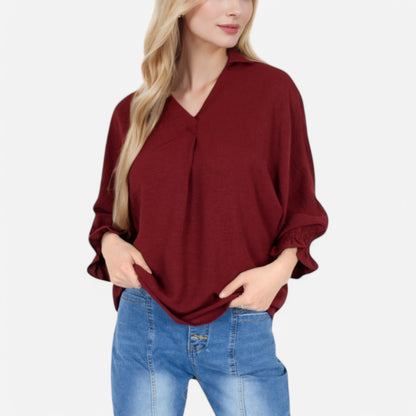 Anna-Kaci Women's V-Neck Blouse with 3/4 Lantern Sleeves and Ruffle Cuffs