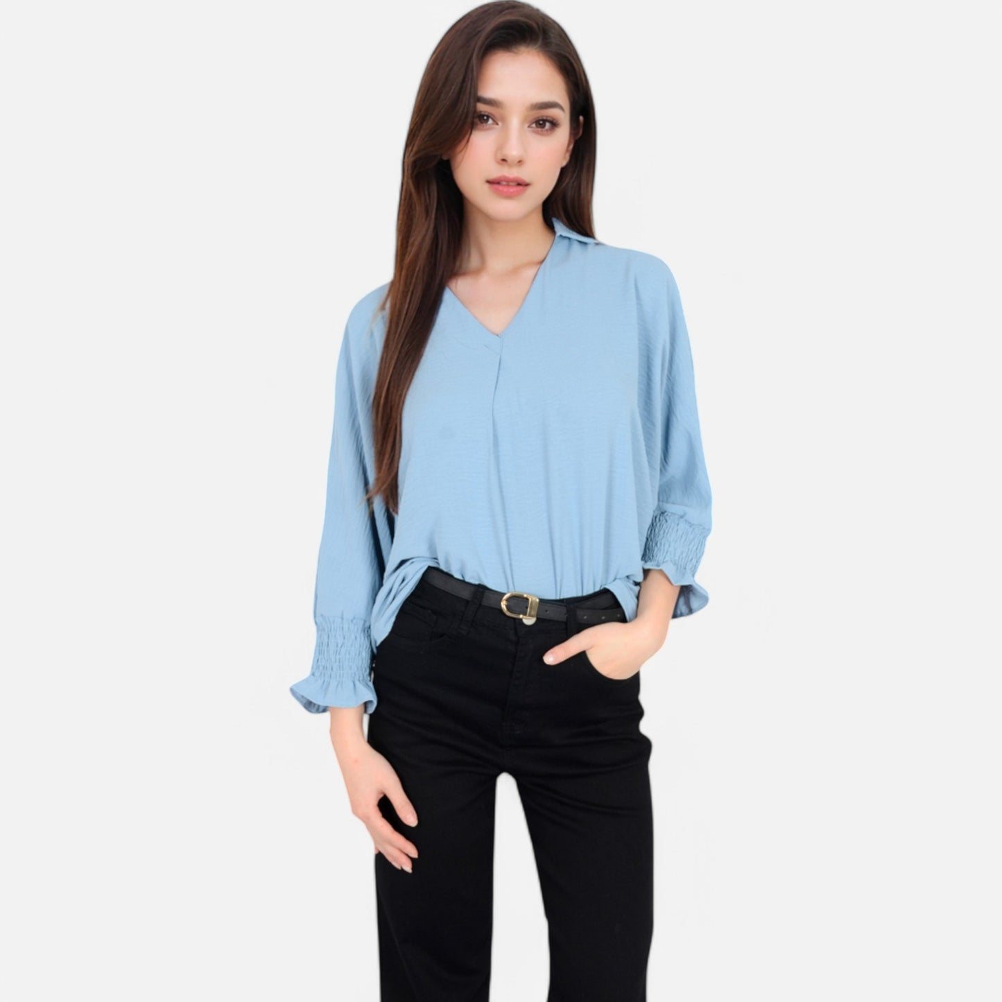 Anna-Kaci Women's V-Neck Blouse with 3/4 Lantern Sleeves and Ruffle Cuffs