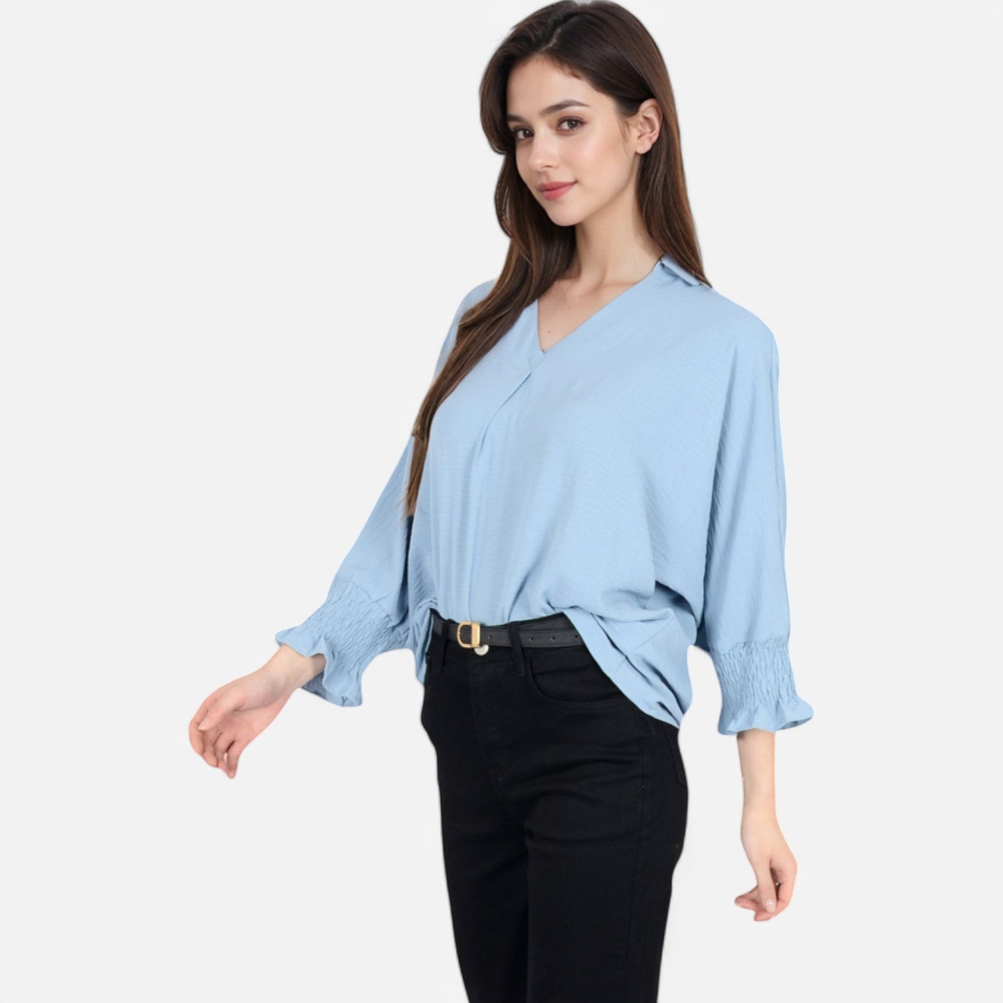 Anna-Kaci Women's V-Neck Blouse with 3/4 Lantern Sleeves and Ruffle Cuffs