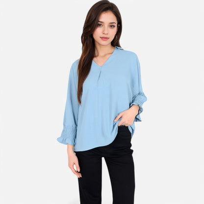 Anna-Kaci Women's V-Neck Blouse with 3/4 Lantern Sleeves and Ruffle Cuffs
