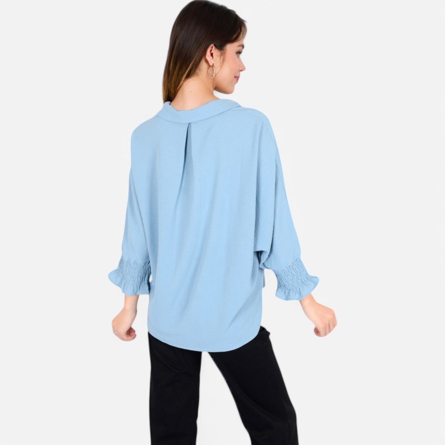 Anna-Kaci Women's V-Neck Blouse with 3/4 Lantern Sleeves and Ruffle Cuffs